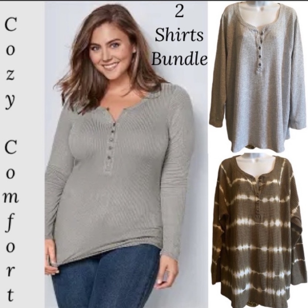 Waffle Knit Henley Long Sleeve Shirts Bundle Olive Green Tie Dye & Gray Size 2X